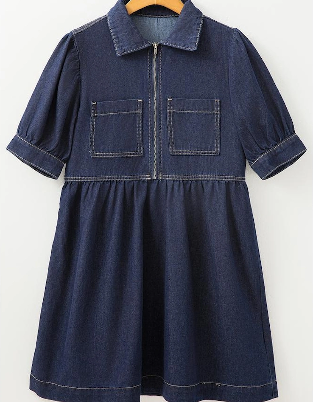 Dirty blue Zipped up Bodice Collared Short Puff Sleeve Denim Dress