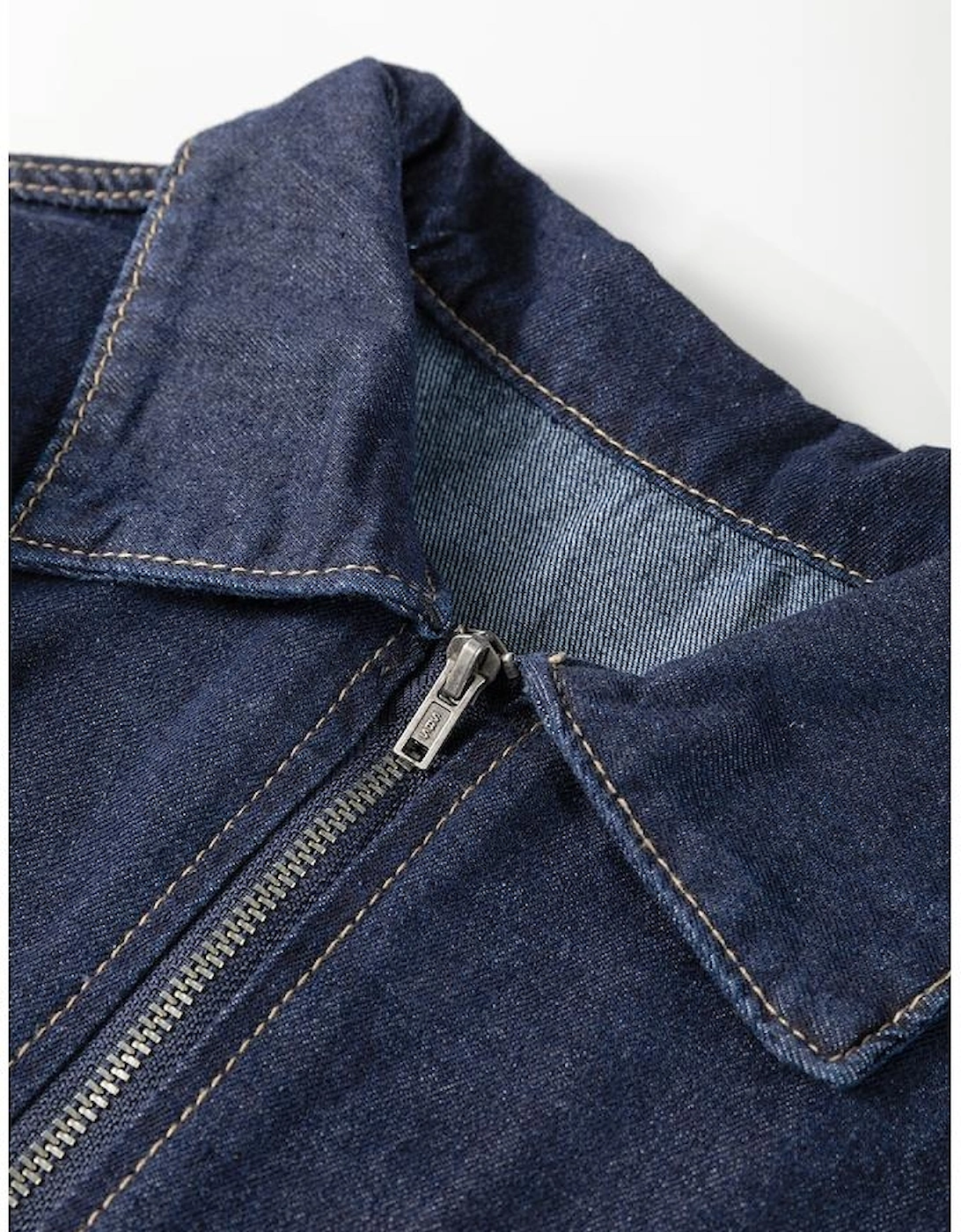 Dirty blue Zipped up Bodice Collared Short Puff Sleeve Denim Dress