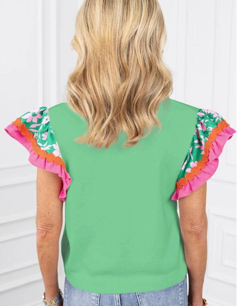 Light Green Contrast Ricrac Floral Sleeve Top