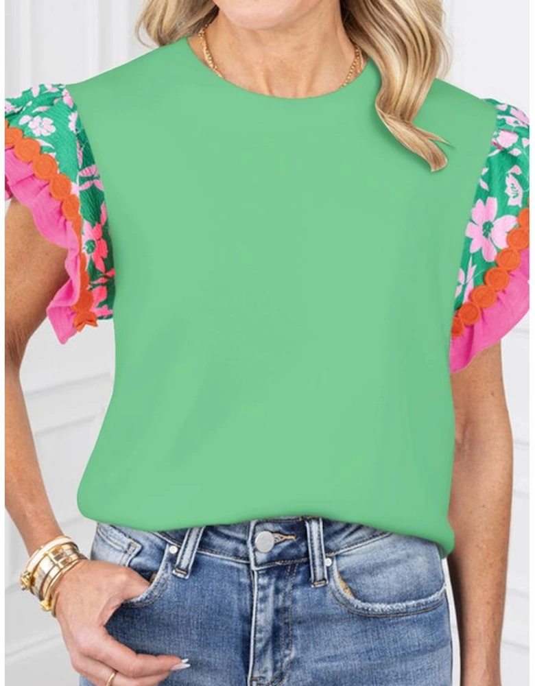 Light Green Contrast Ricrac Floral Sleeve Top