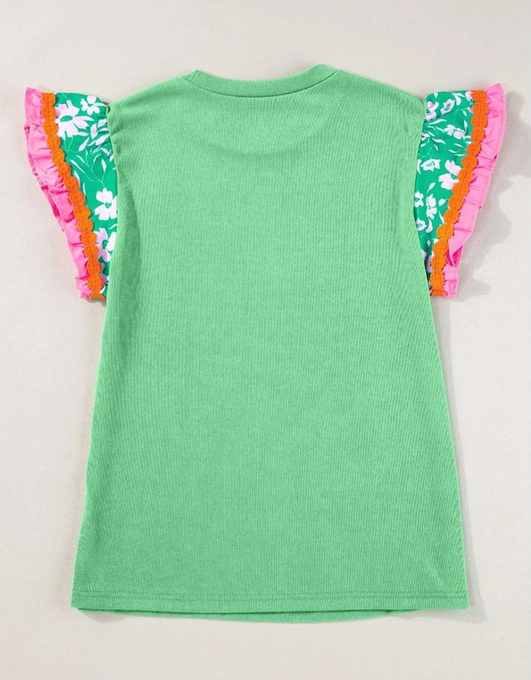 Light Green Contrast Ricrac Floral Sleeve Top