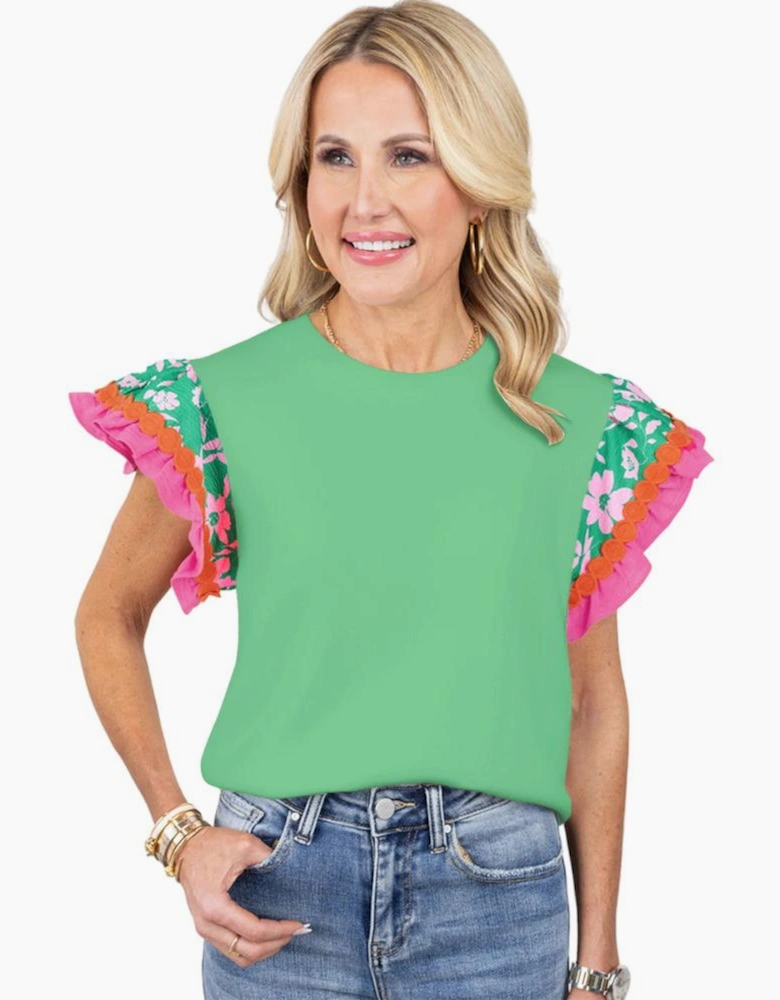 Light Green Contrast Ricrac Floral Sleeve Top