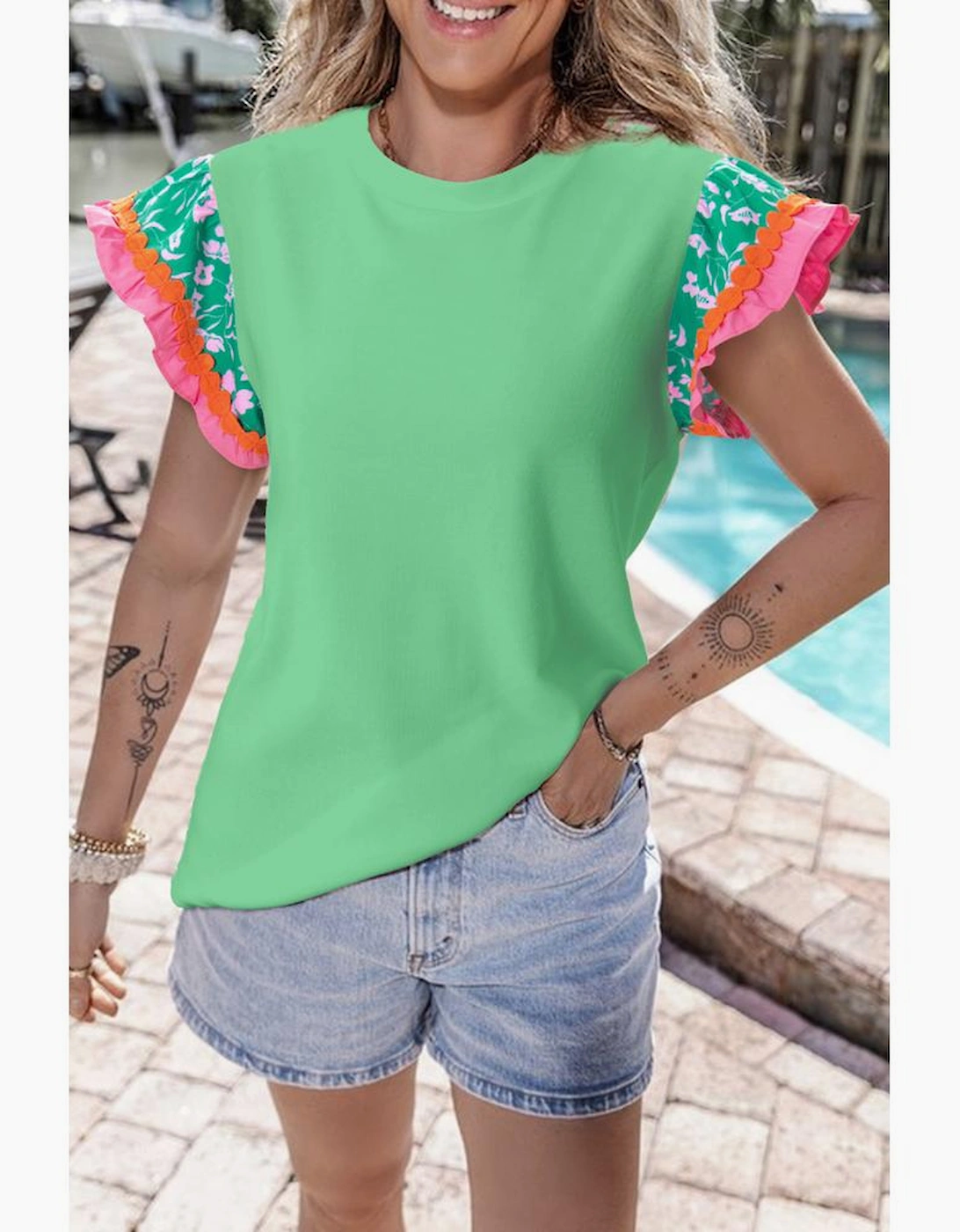 Light Green Contrast Ricrac Floral Sleeve Top