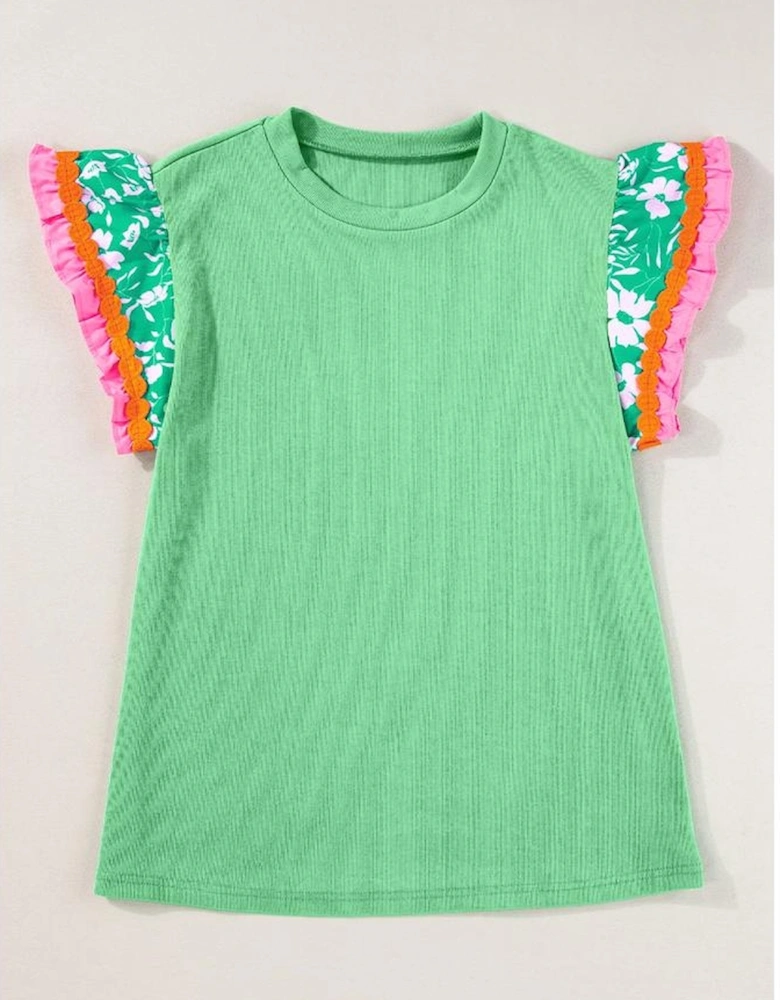 Light Green Contrast Ricrac Floral Sleeve Top