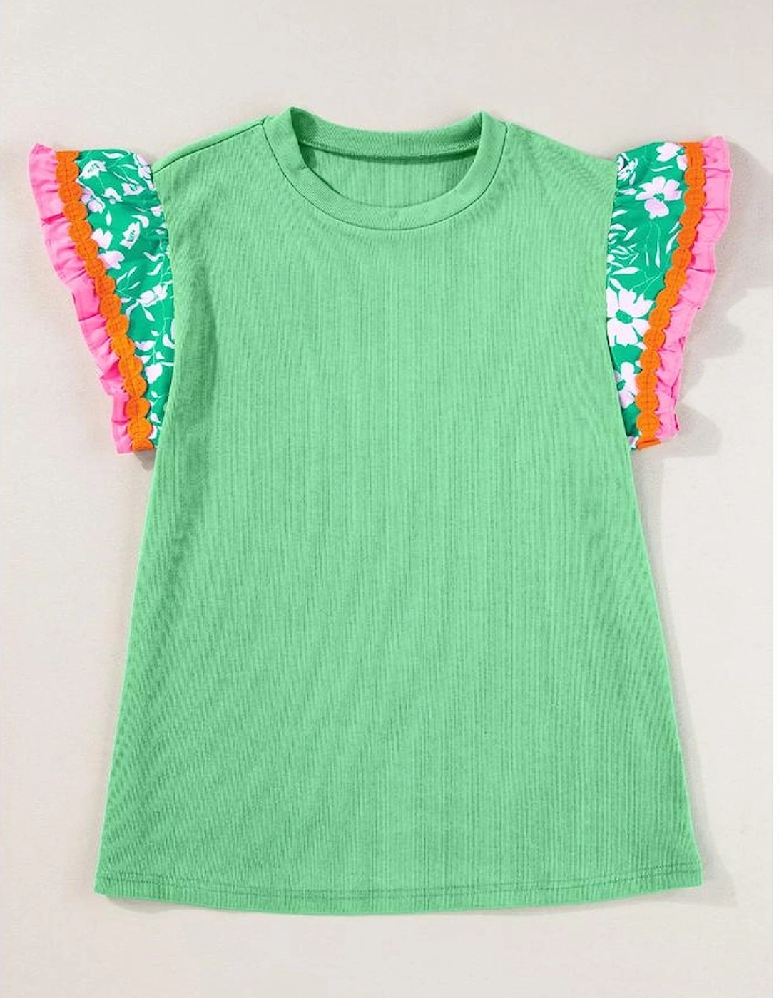 Light Green Contrast Ricrac Floral Sleeve Top