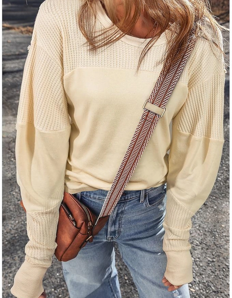 Beige Thermal Knit Patchwork Exposed Seam Long Sleeve Top