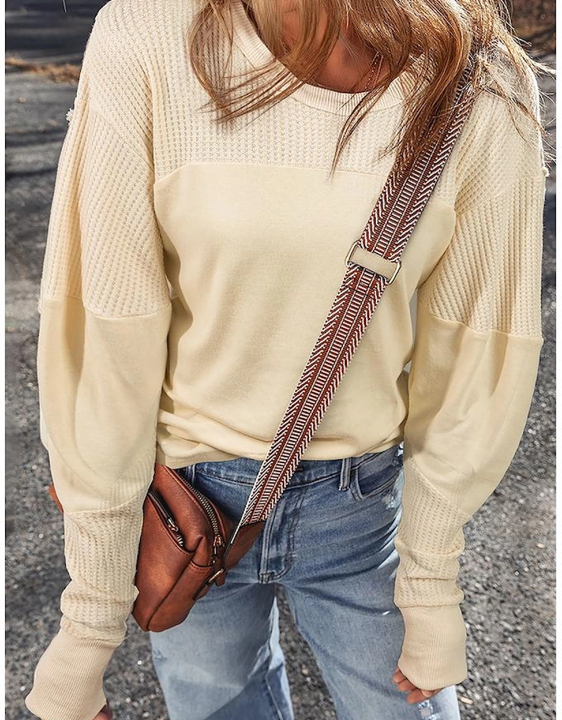 Beige Thermal Knit Patchwork Exposed Seam Long Sleeve Top, 13 of 12