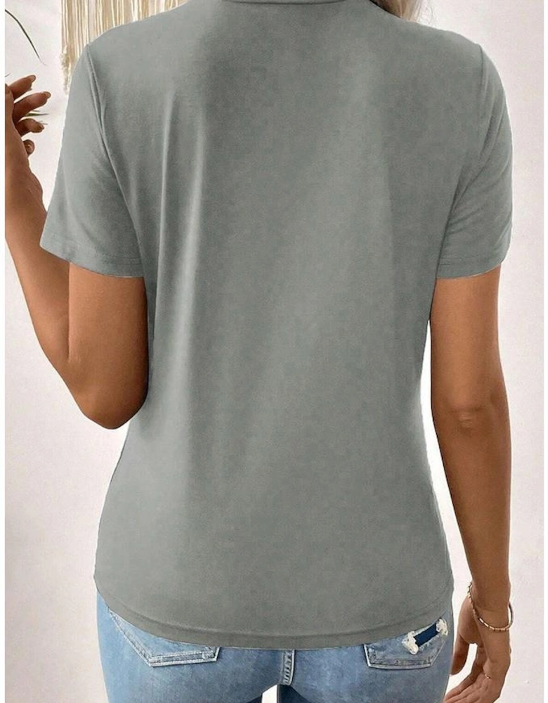 Medium Grey Solid Color Toothpick Stripe Round Neck T Shirt