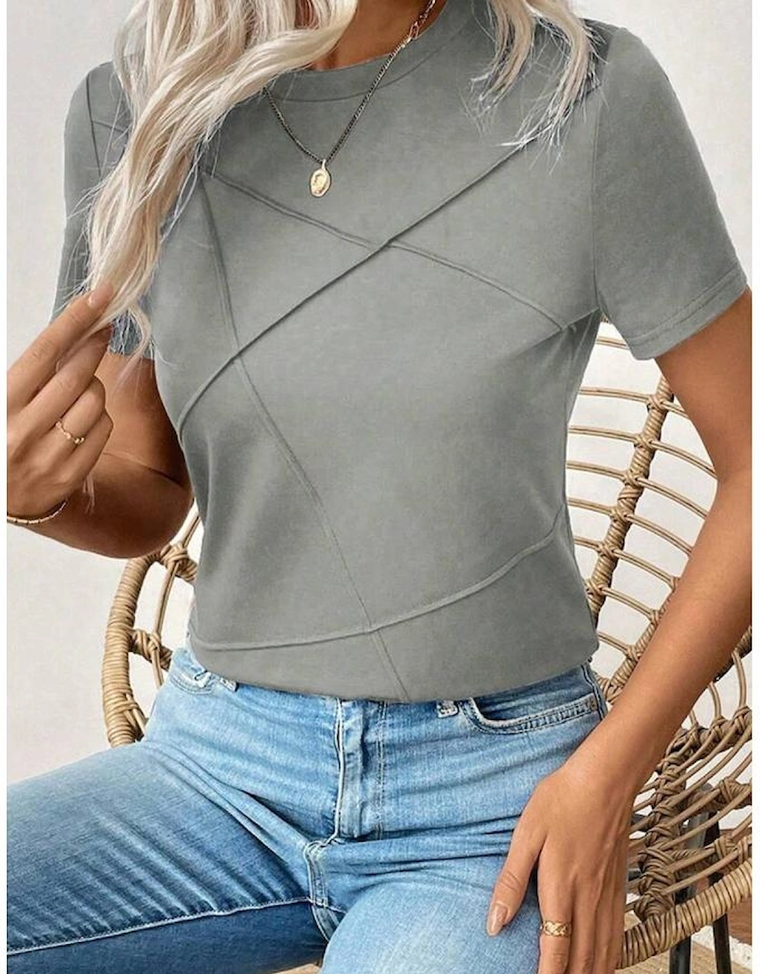 Medium Grey Solid Color Toothpick Stripe Round Neck T Shirt