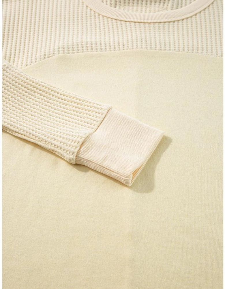 Beige Thermal Knit Patchwork Exposed Seam Long Sleeve Top