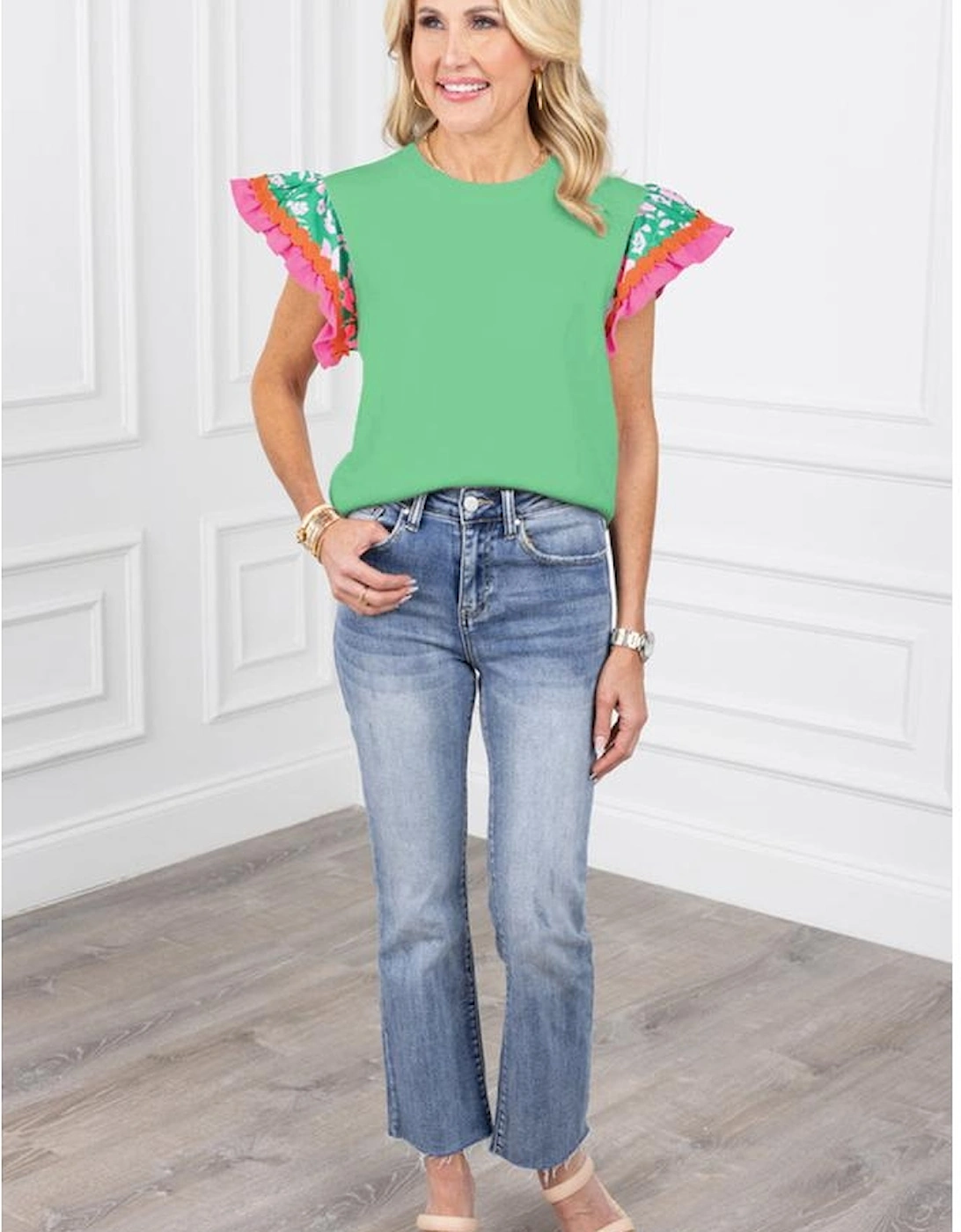 Light Green Contrast Ricrac Floral Sleeve Top