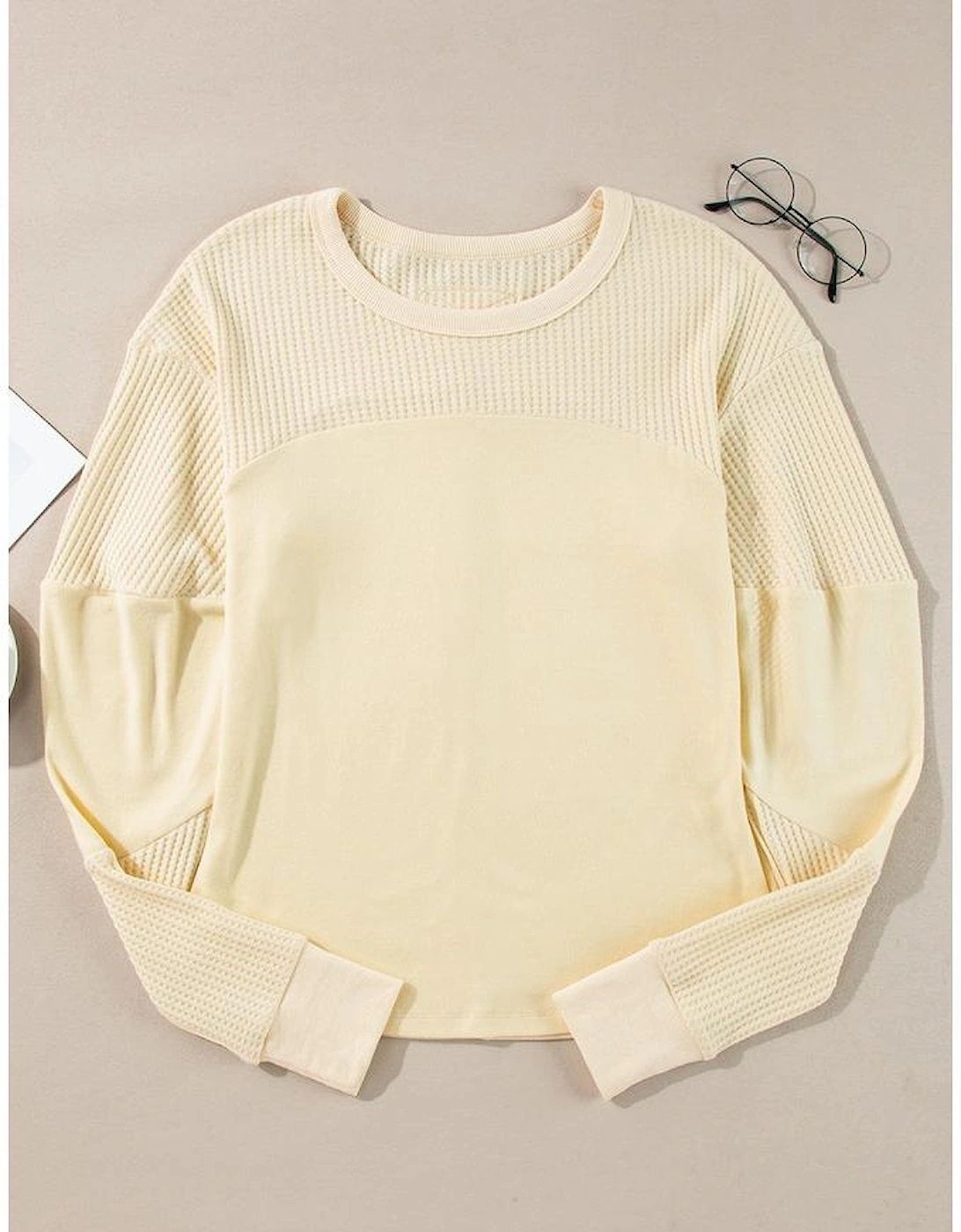 Beige Thermal Knit Patchwork Exposed Seam Long Sleeve Top