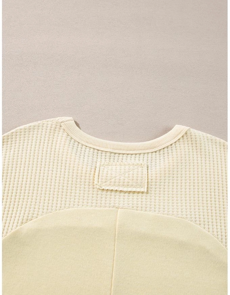 Beige Thermal Knit Patchwork Exposed Seam Long Sleeve Top