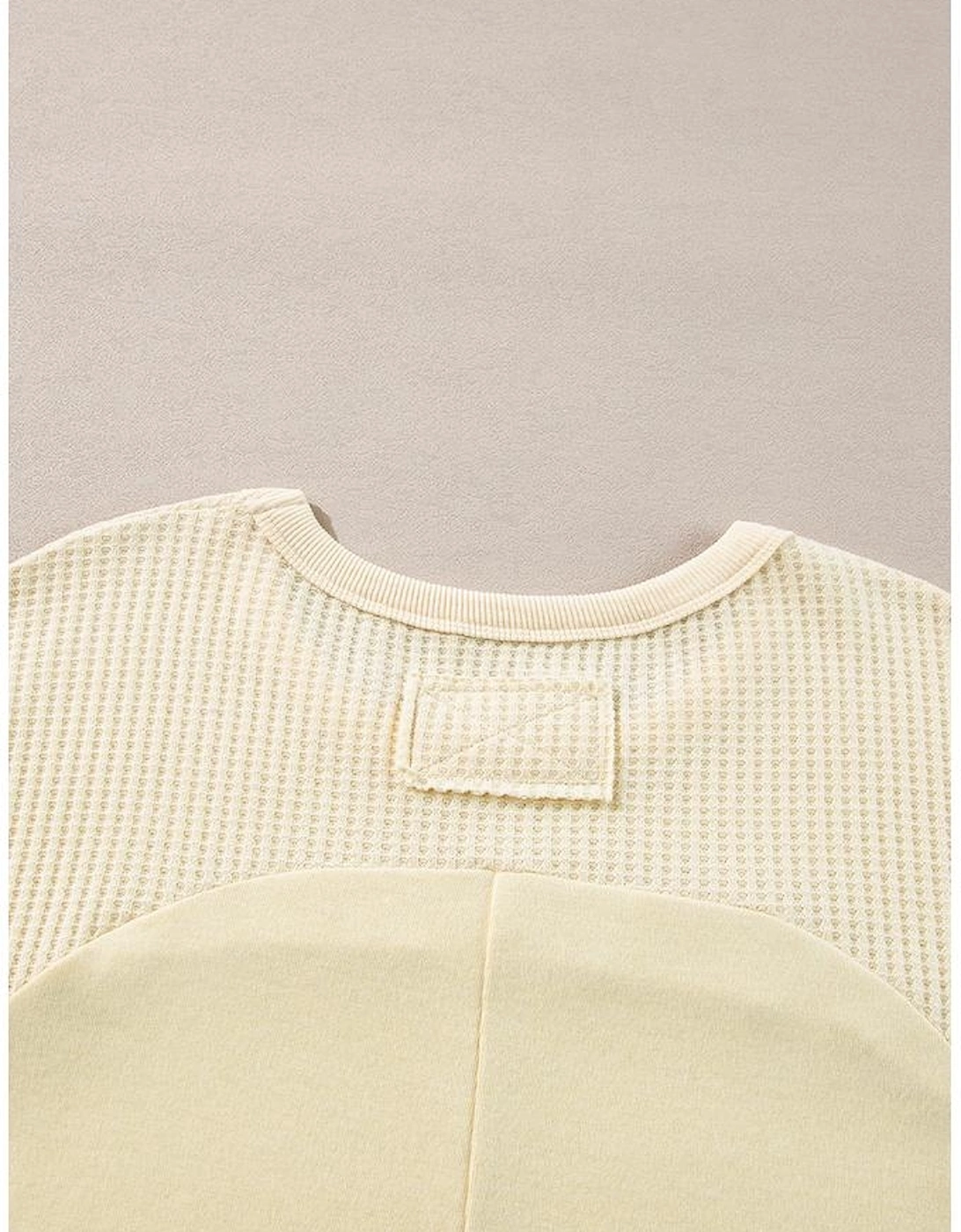 Beige Thermal Knit Patchwork Exposed Seam Long Sleeve Top
