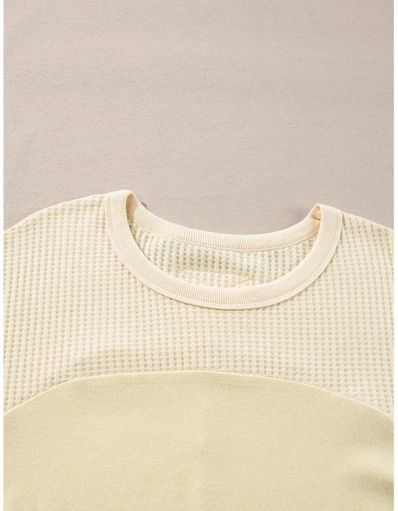 Beige Thermal Knit Patchwork Exposed Seam Long Sleeve Top