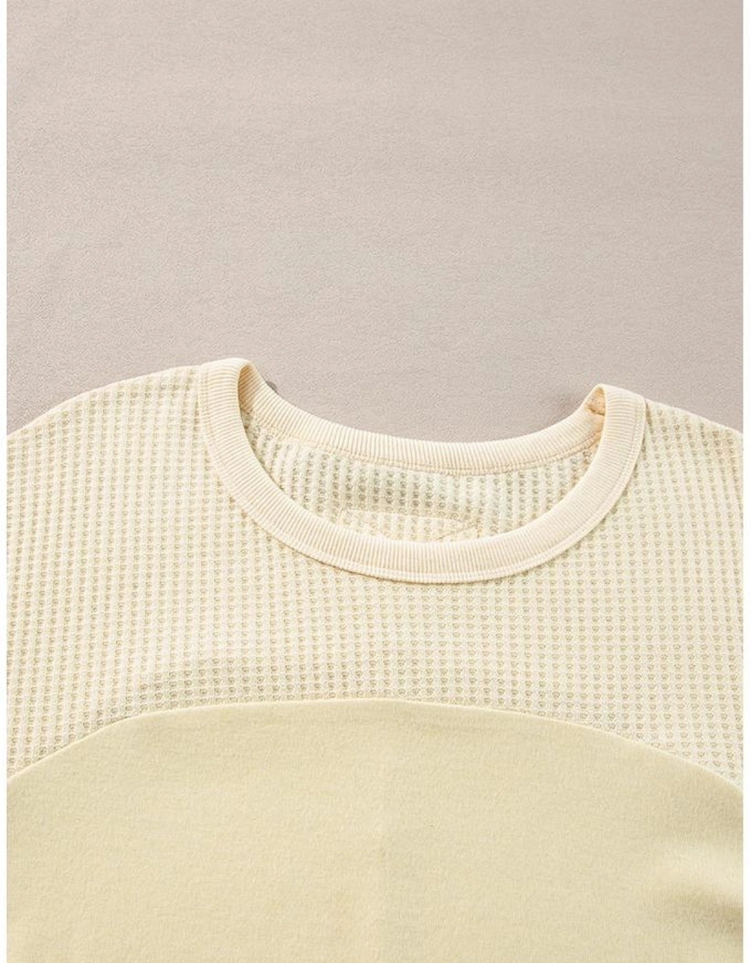 Beige Thermal Knit Patchwork Exposed Seam Long Sleeve Top