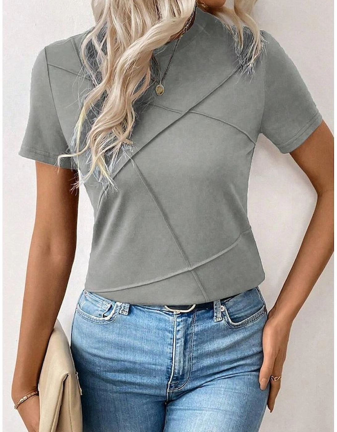 Medium Grey Solid Color Toothpick Stripe Round Neck T Shirt