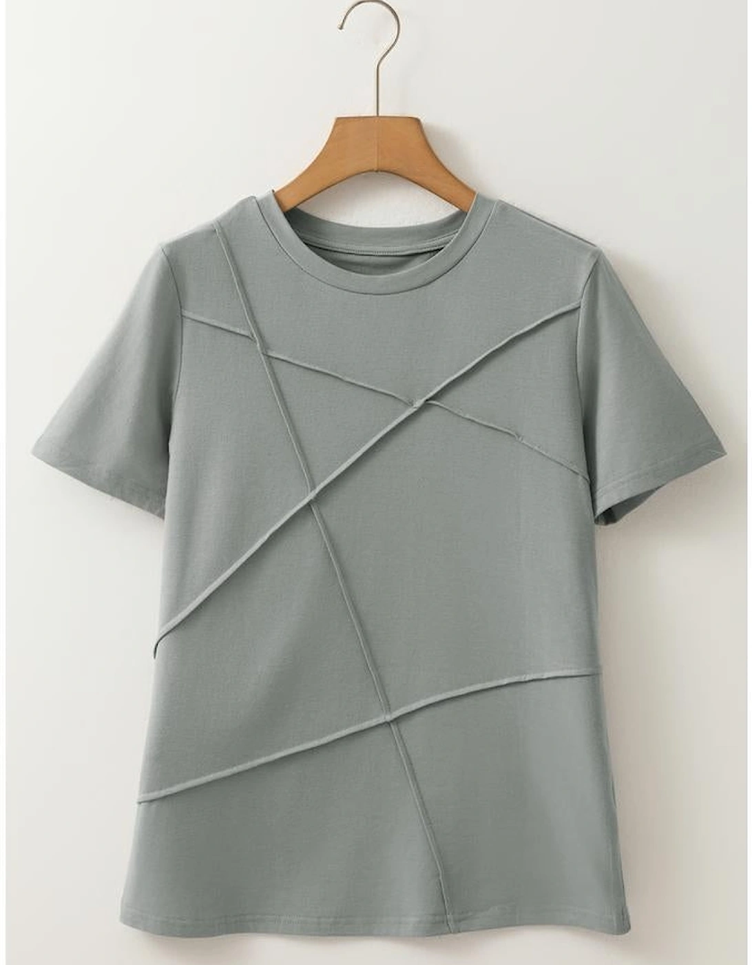 Medium Grey Solid Color Toothpick Stripe Round Neck T Shirt