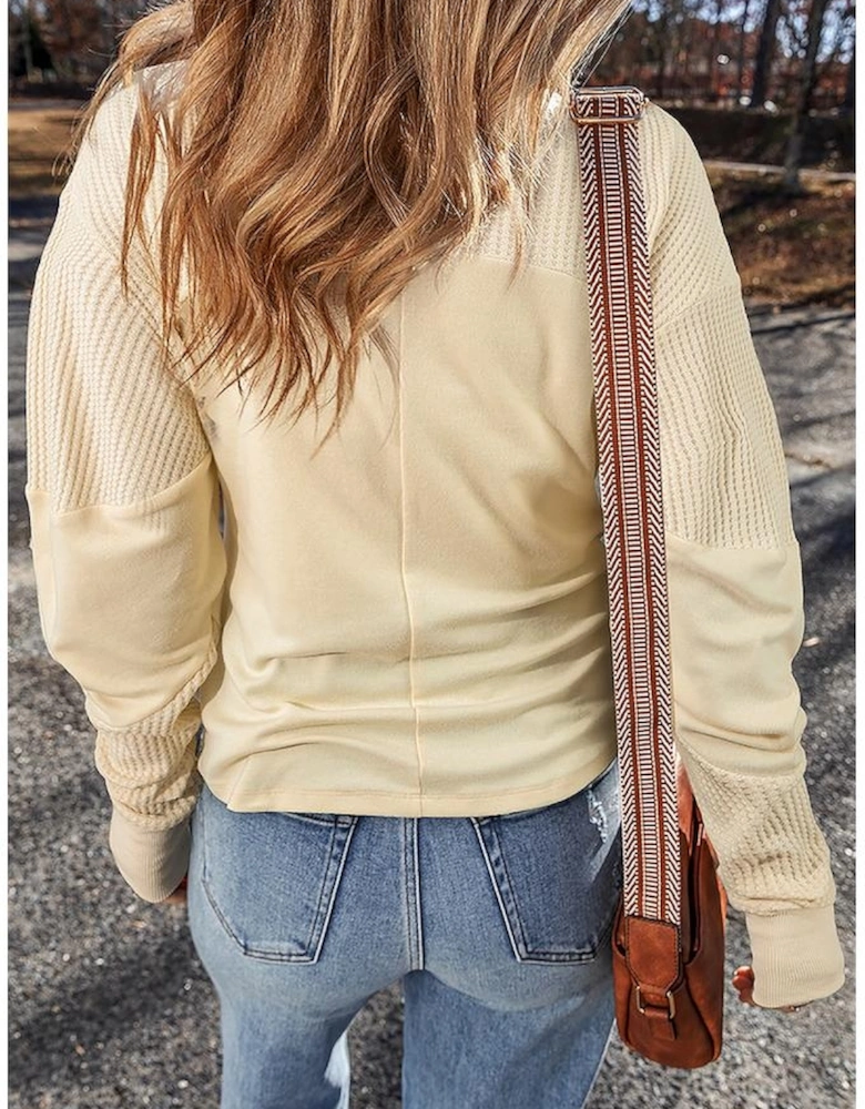 Beige Thermal Knit Patchwork Exposed Seam Long Sleeve Top