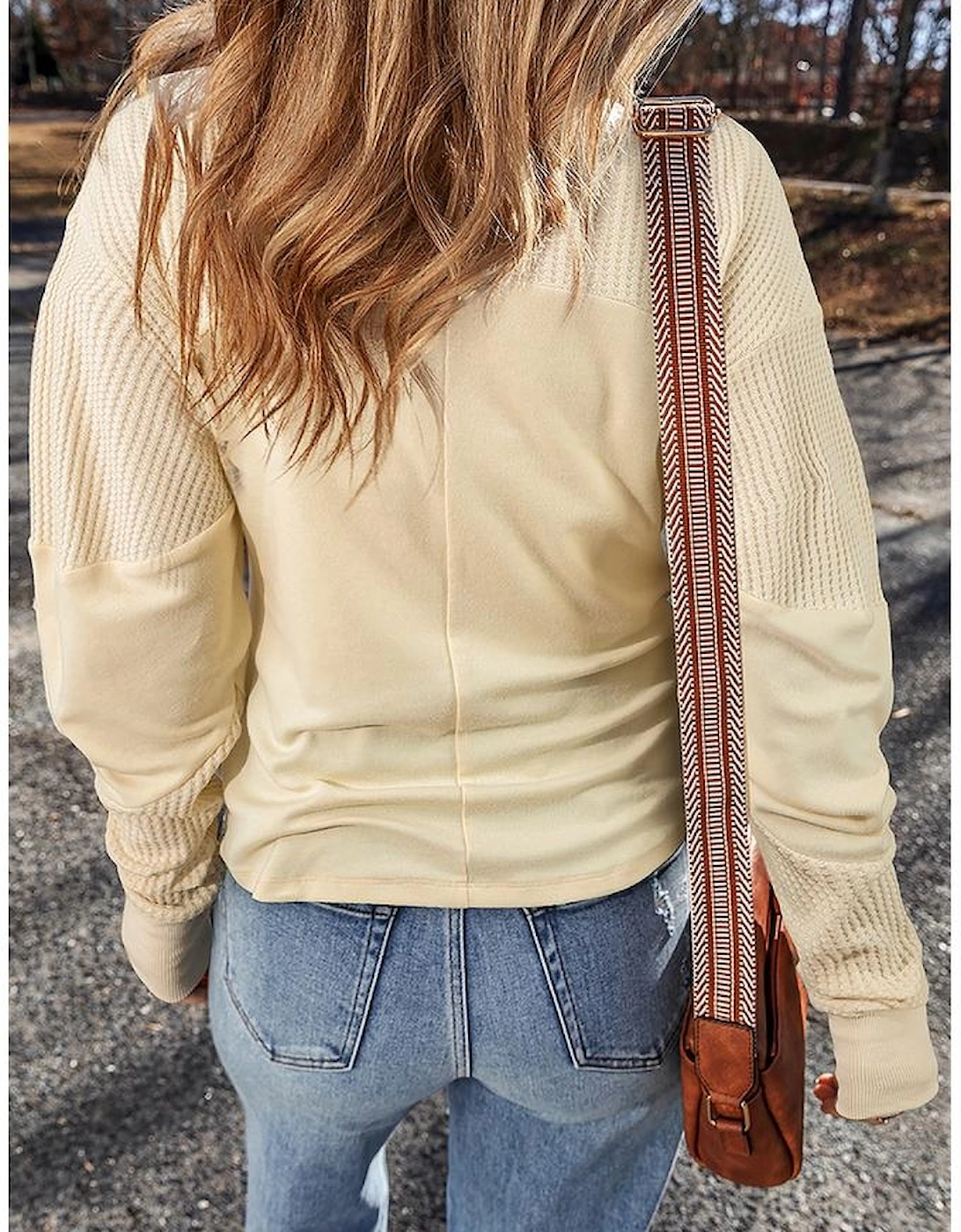 Beige Thermal Knit Patchwork Exposed Seam Long Sleeve Top