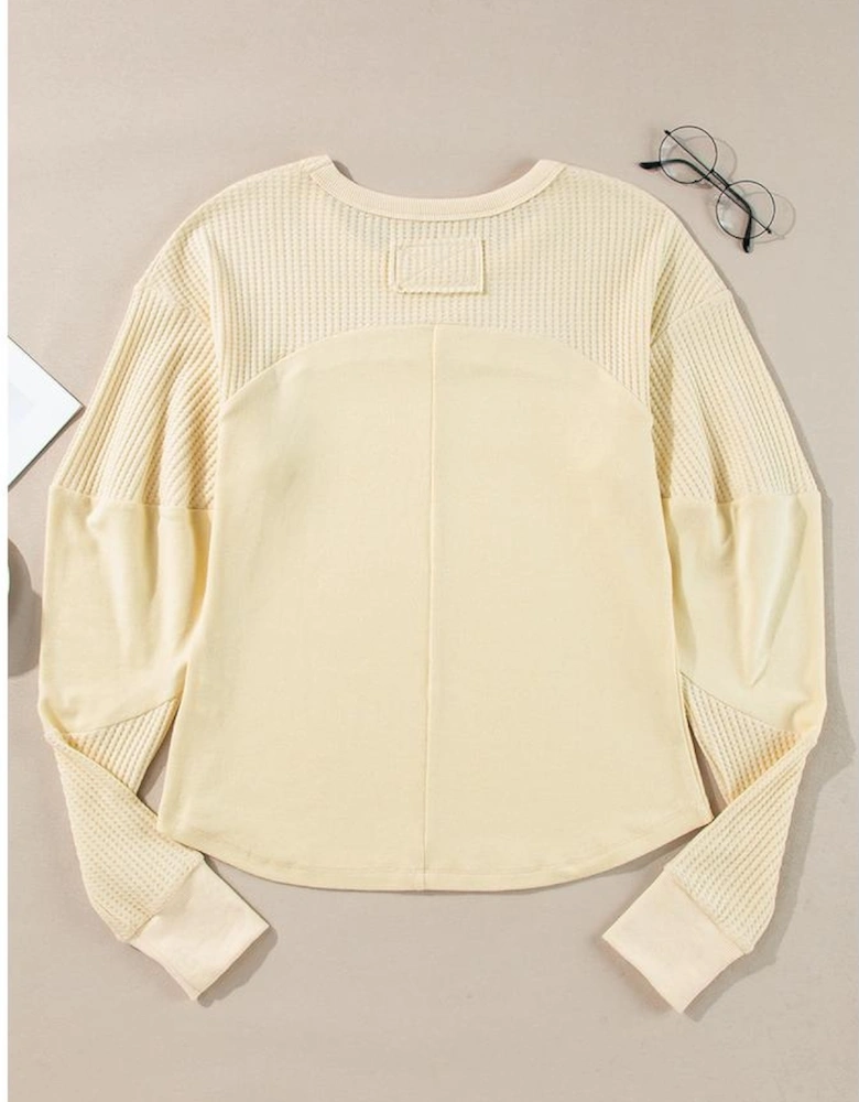 Beige Thermal Knit Patchwork Exposed Seam Long Sleeve Top