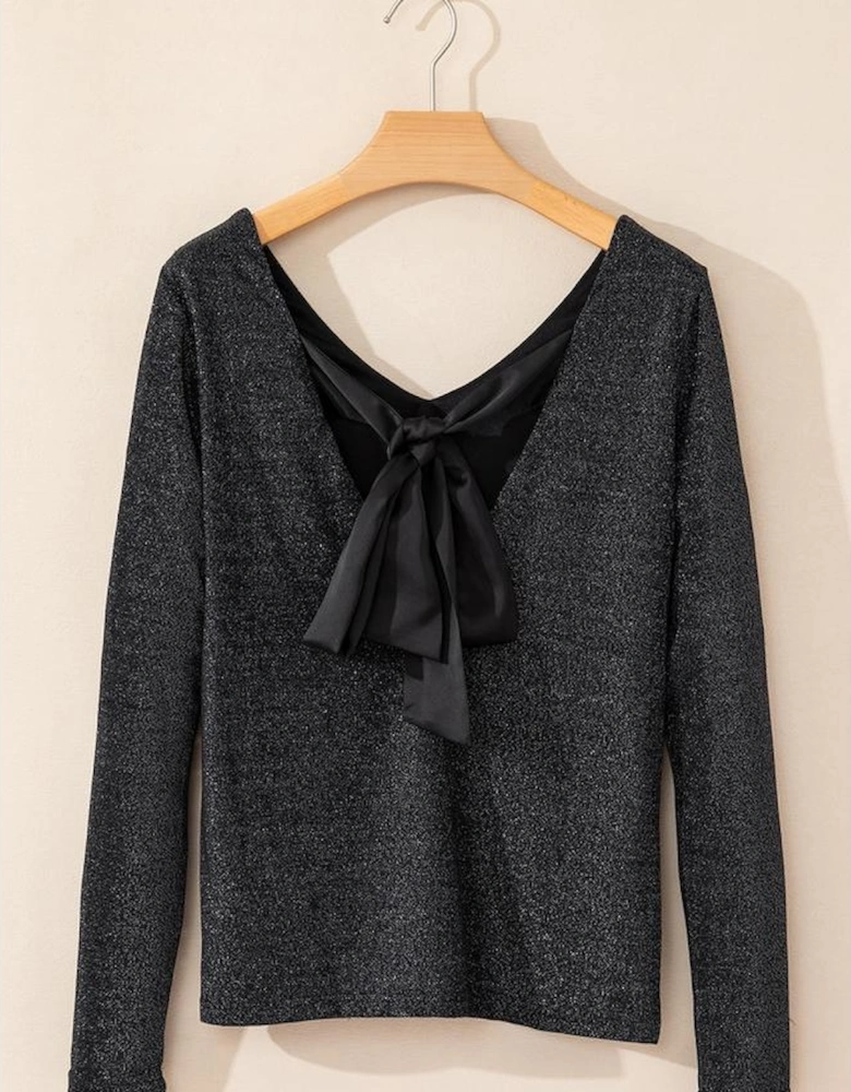Black Metallic Bowknot Open Back V Neck Top