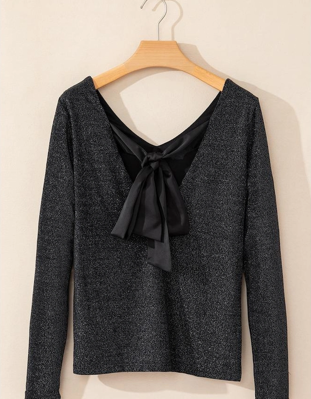 Black Metallic Bowknot Open Back V Neck Top