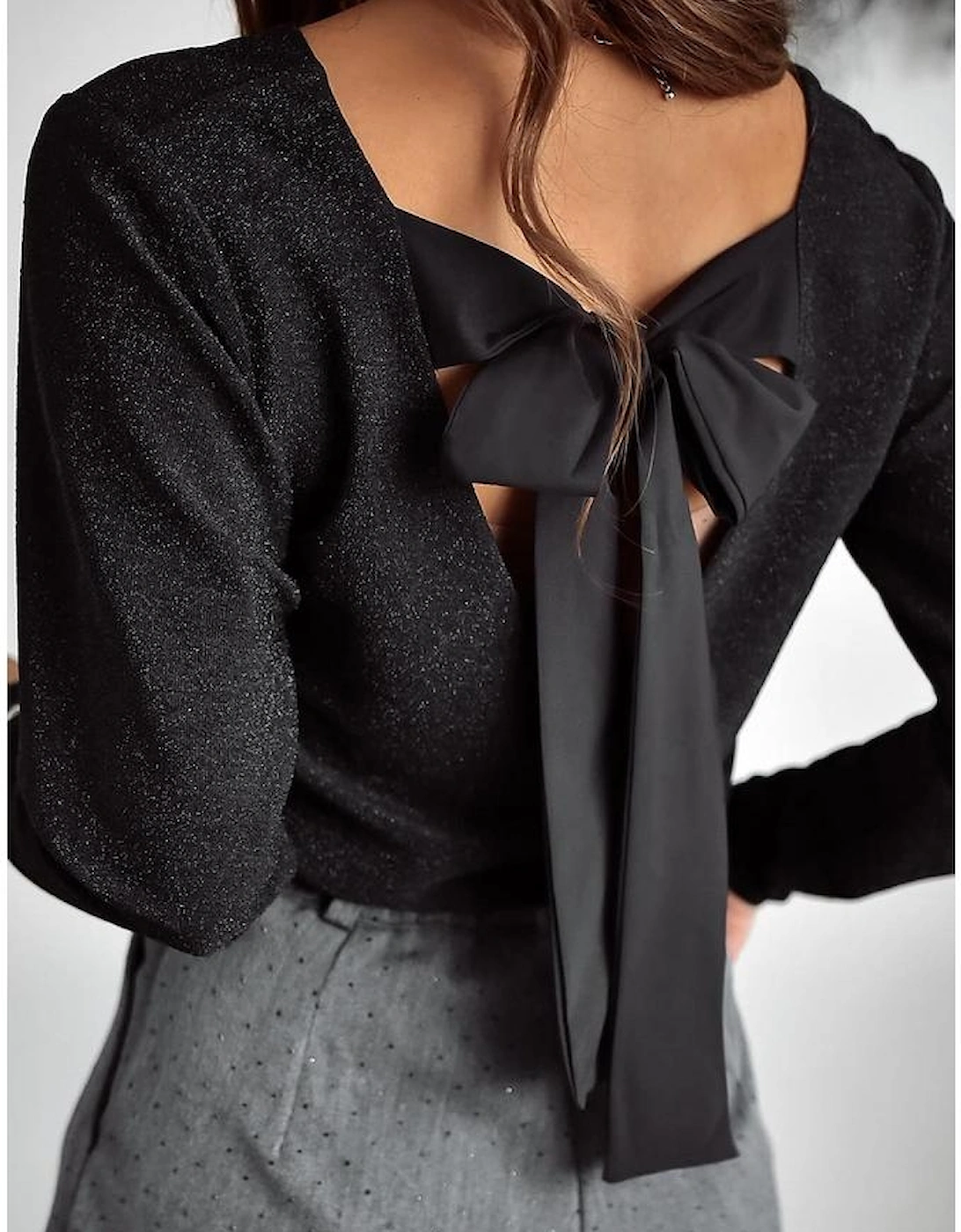 Black Metallic Bowknot Open Back V Neck Top
