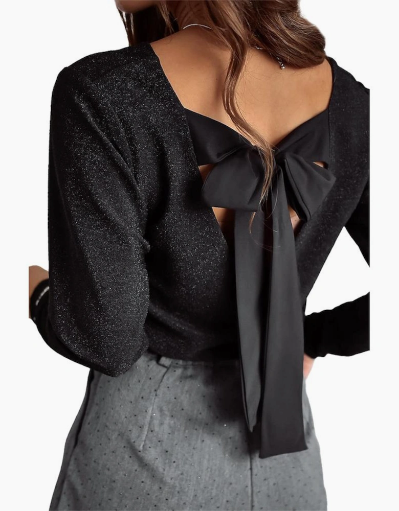 Black Metallic Bowknot Open Back V Neck Top