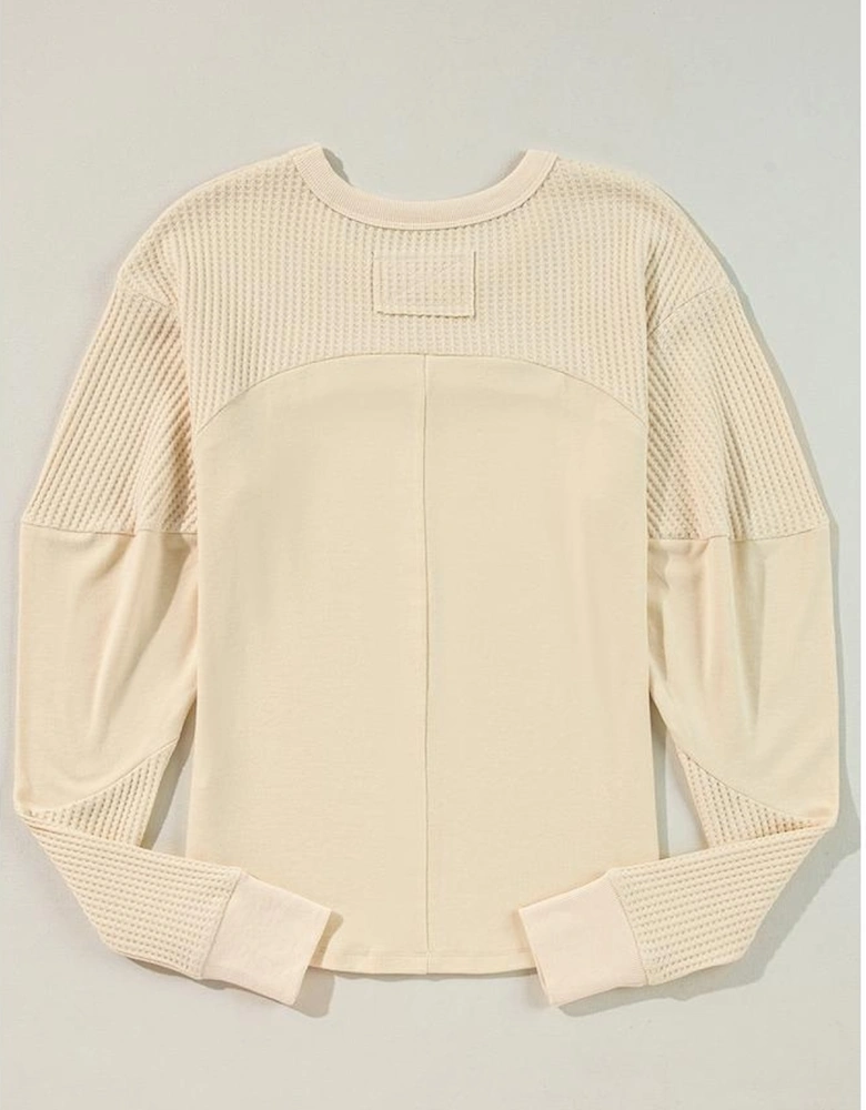 Beige Thermal Knit Patchwork Exposed Seam Long Sleeve Top
