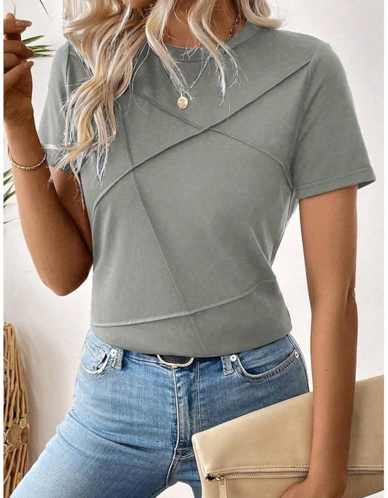 Medium Grey Solid Color Toothpick Stripe Round Neck T Shirt