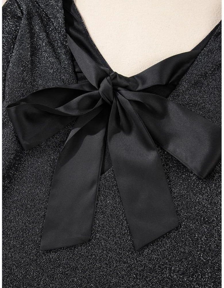 Black Metallic Bowknot Open Back V Neck Top