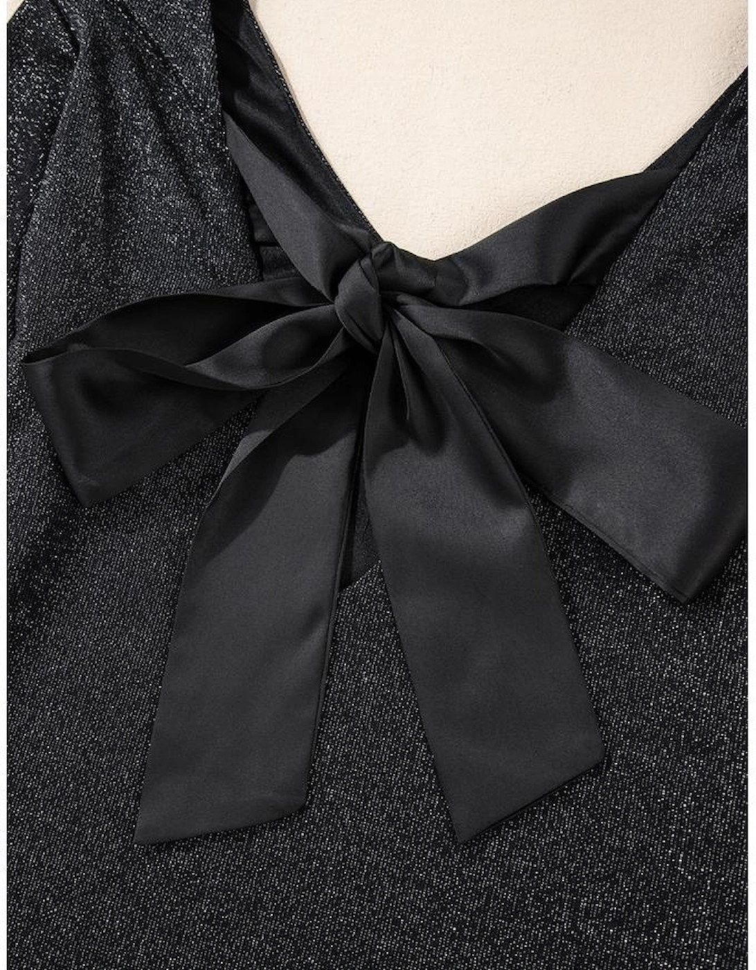 Black Metallic Bowknot Open Back V Neck Top