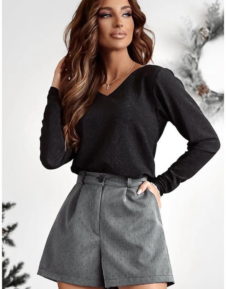 Black Metallic Bowknot Open Back V Neck Top