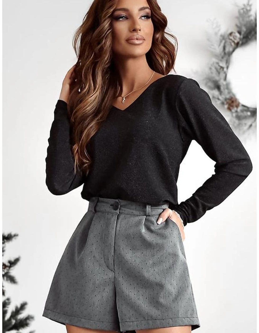 Black Metallic Bowknot Open Back V Neck Top