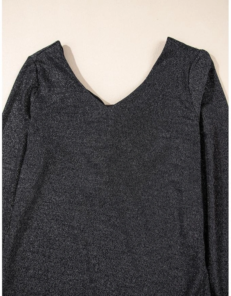 Black Metallic Bowknot Open Back V Neck Top