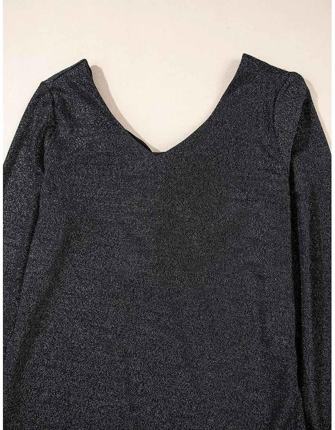 Black Metallic Bowknot Open Back V Neck Top