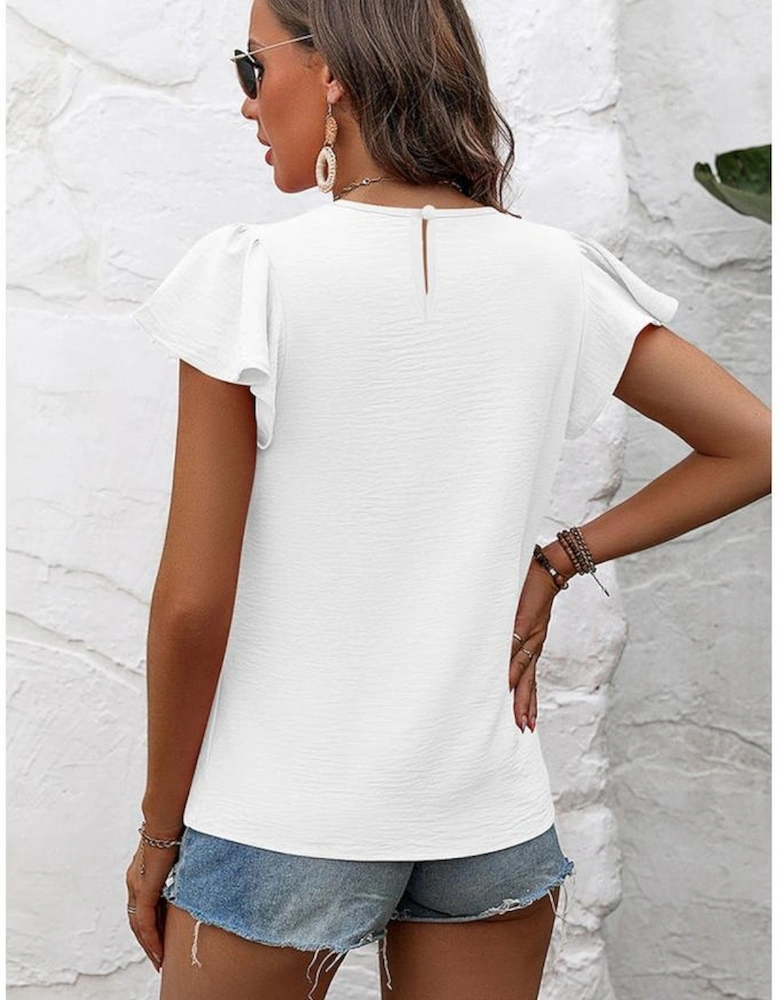 White Flounce Sleeve Pleated Textured Blouse
