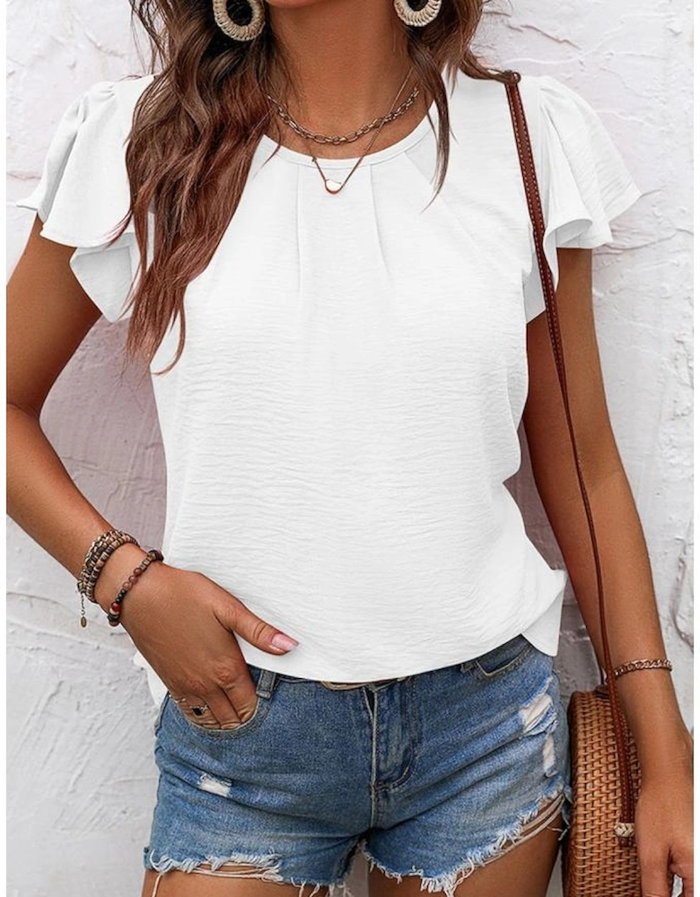 White Flounce Sleeve Pleated Textured Blouse
