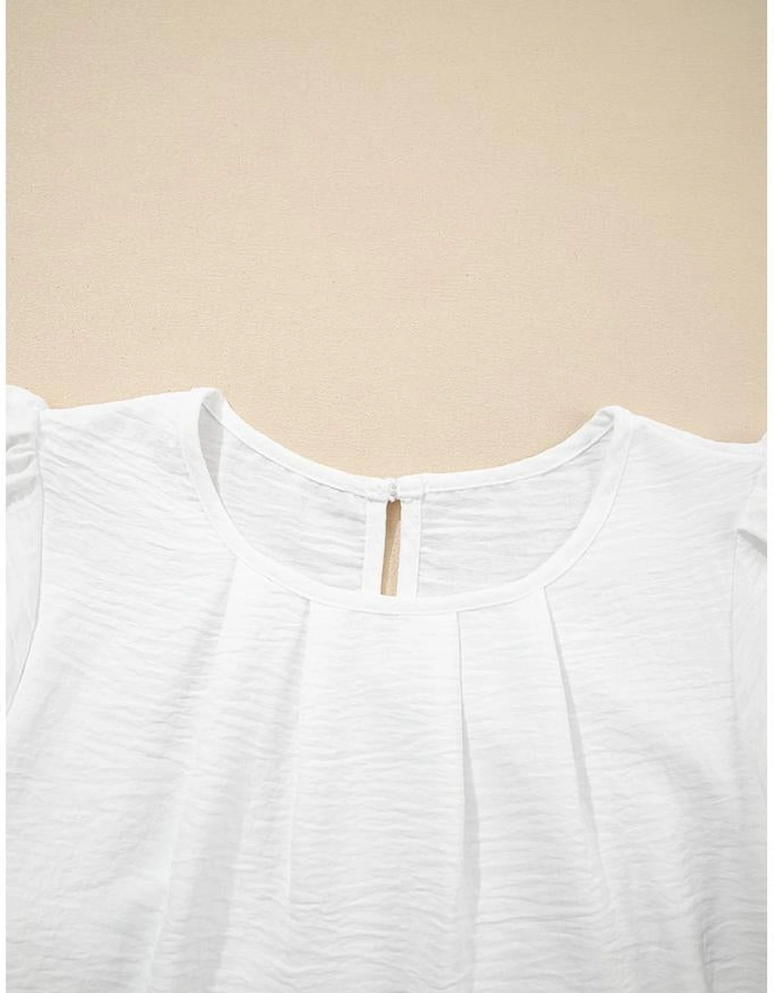 White Flounce Sleeve Pleated Textured Blouse