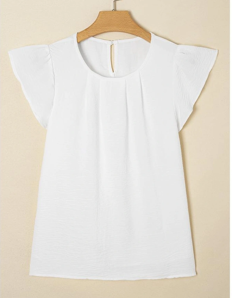 White Flounce Sleeve Pleated Textured Blouse