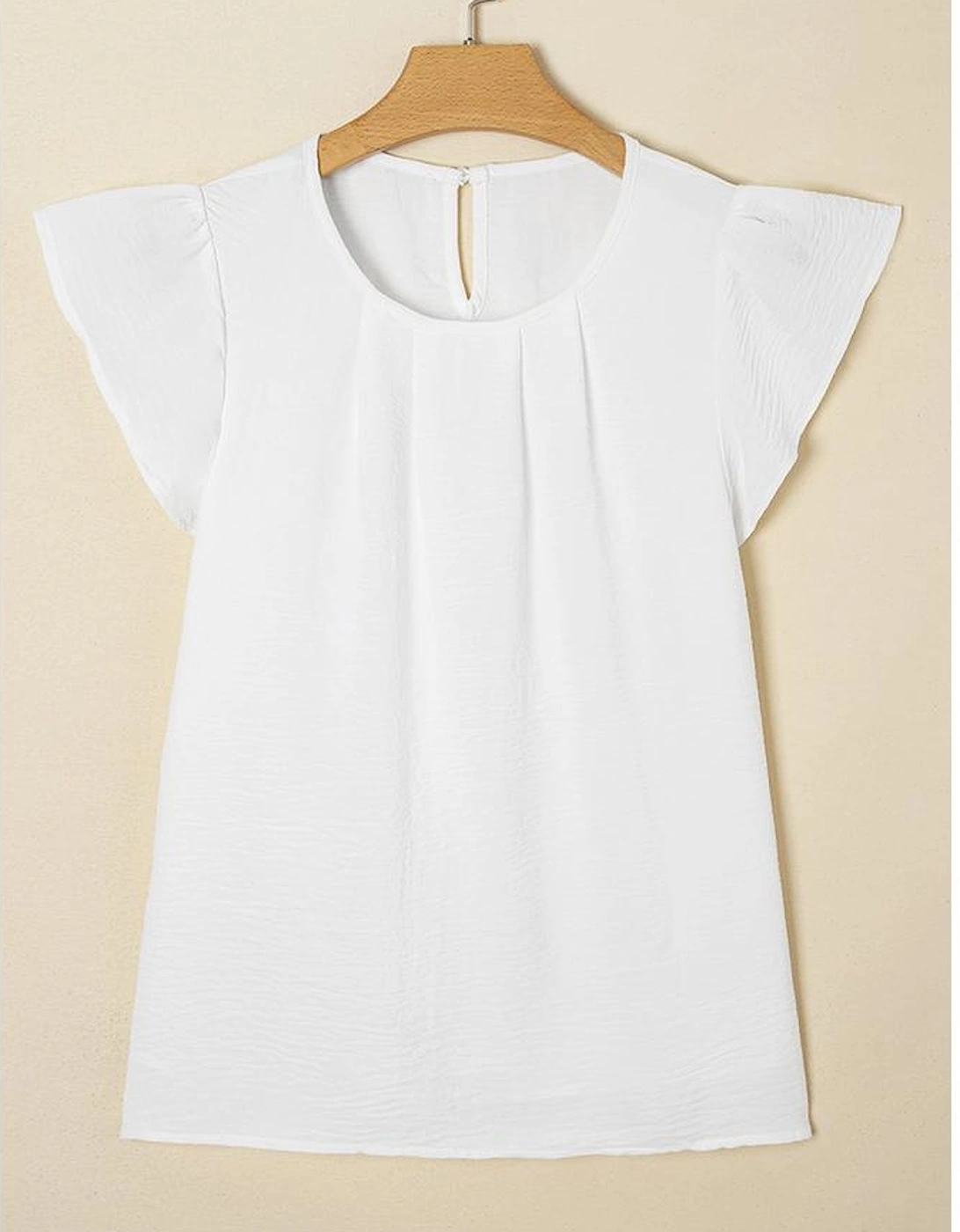 White Flounce Sleeve Pleated Textured Blouse