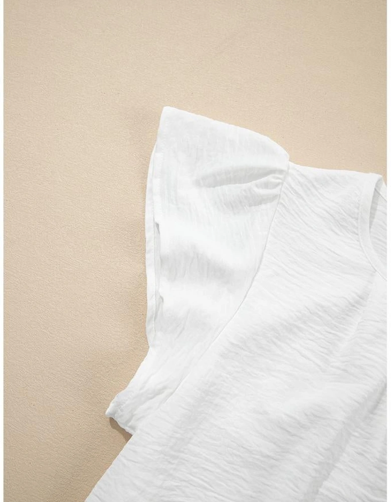 White Flounce Sleeve Pleated Textured Blouse
