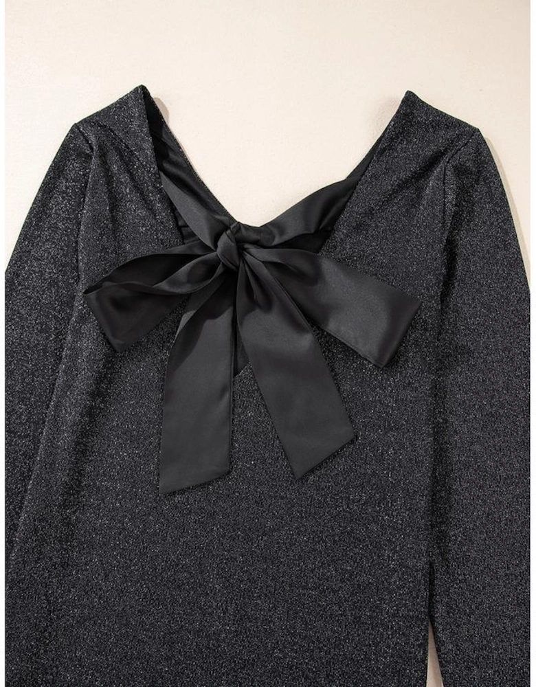 Black Metallic Bowknot Open Back V Neck Top