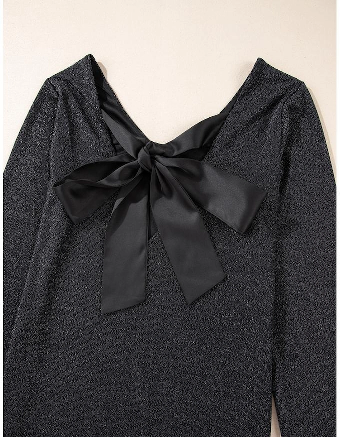 Black Metallic Bowknot Open Back V Neck Top