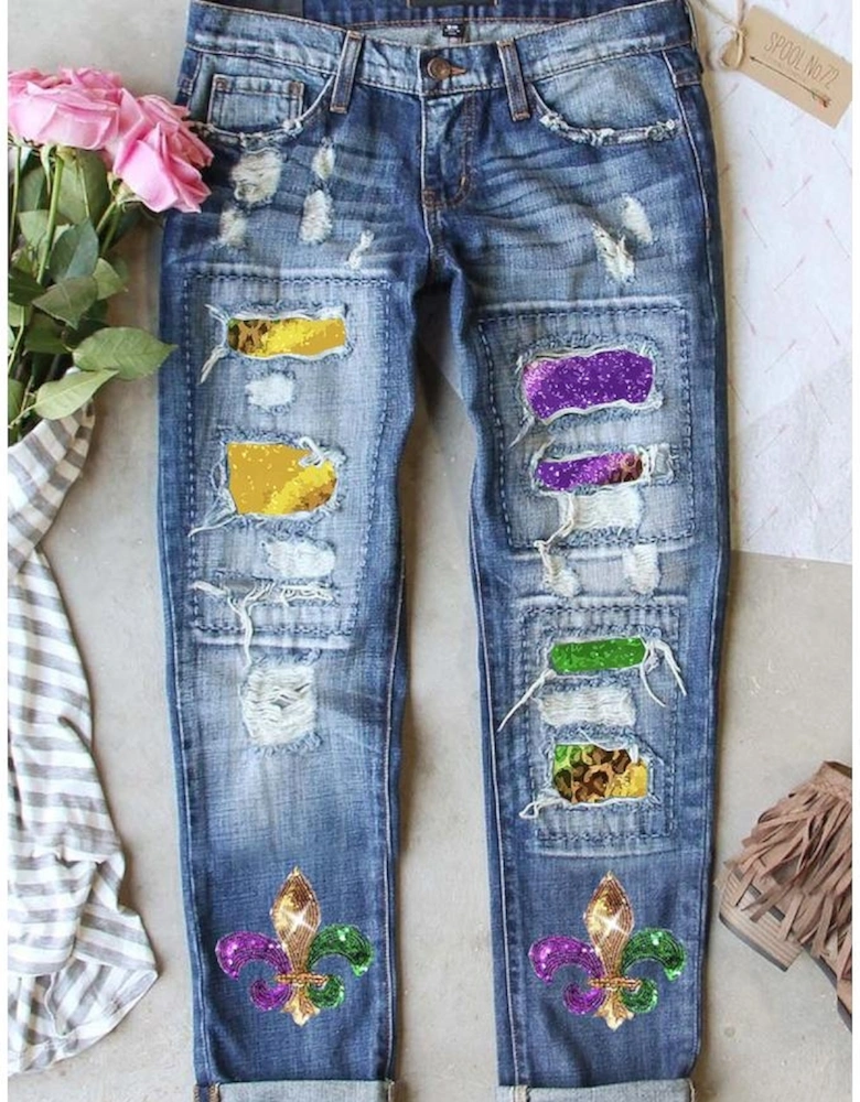 Sky Blue Shiny Mardi Gras Fleur-de-lis Patch Distressed Jeans