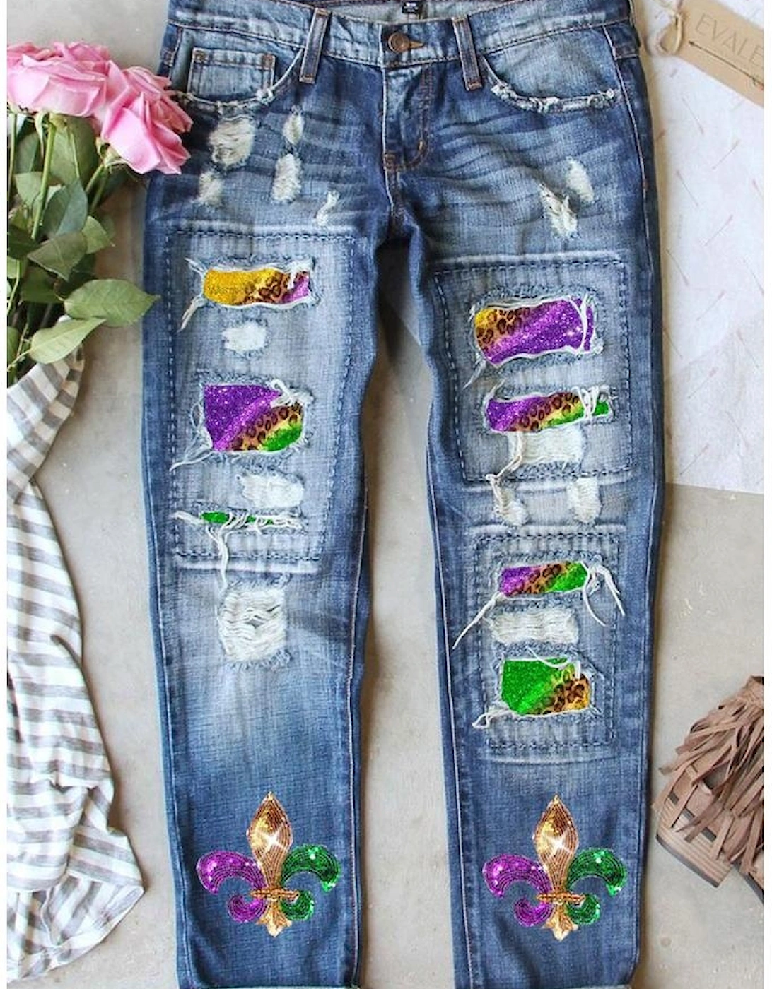 Sky Blue Shiny Mardi Gras Fleur-de-lis Patch Distressed Jeans, 4 of 3