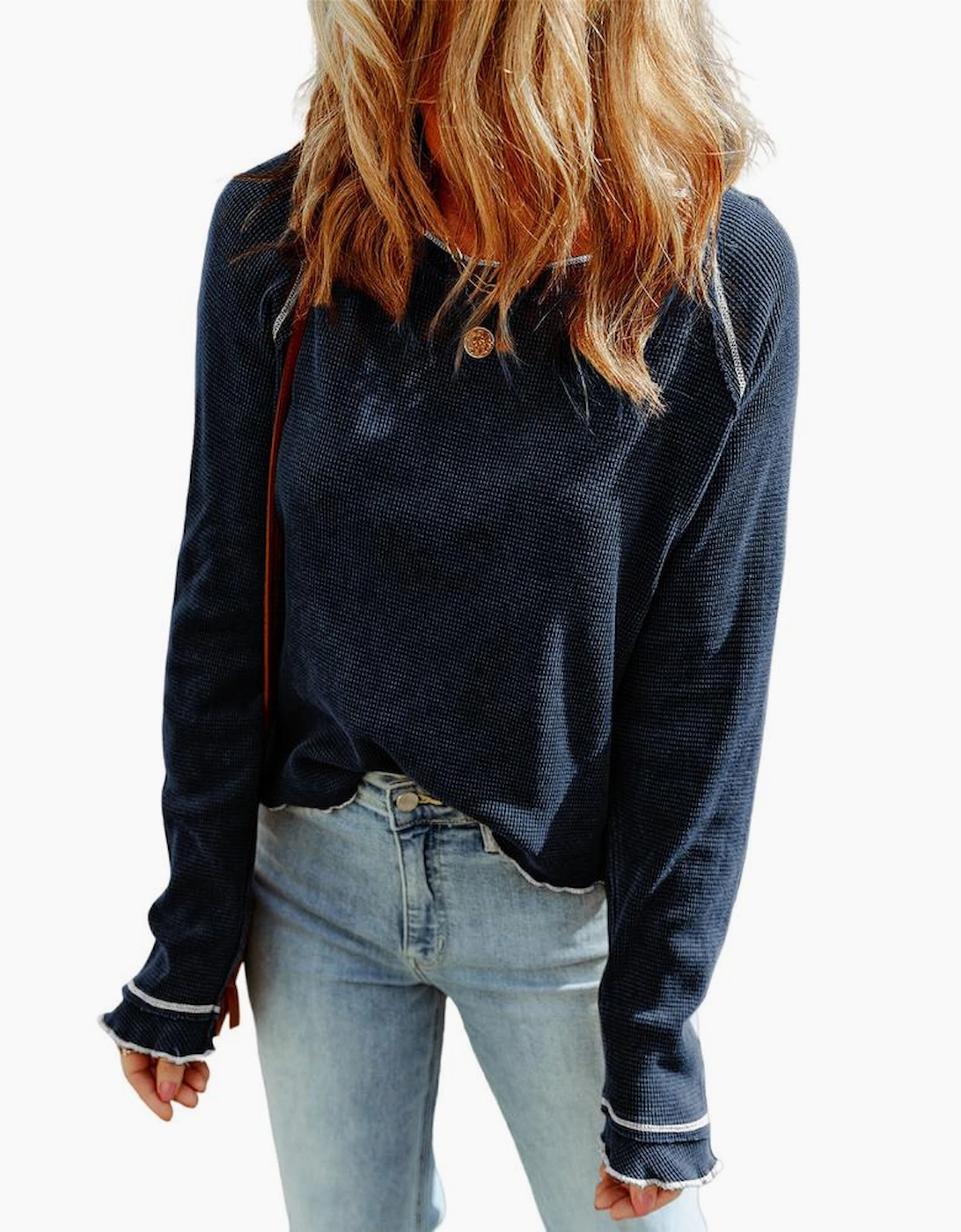 Blue Textured Round Neck Long Sleeve Top