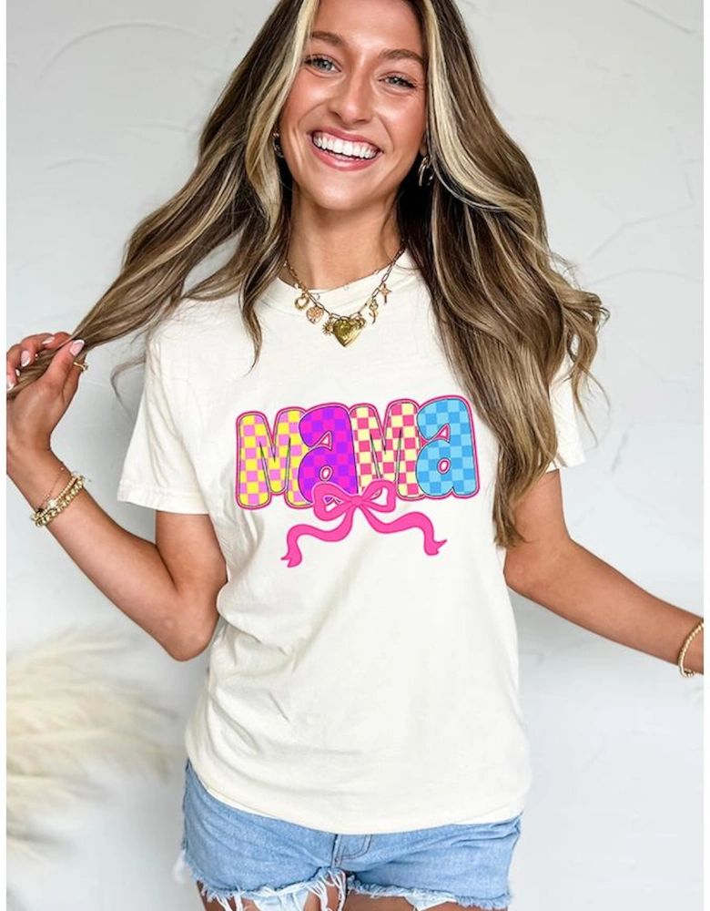 White MAMA Checkered Bow Knot Print Crewneck T Shirt