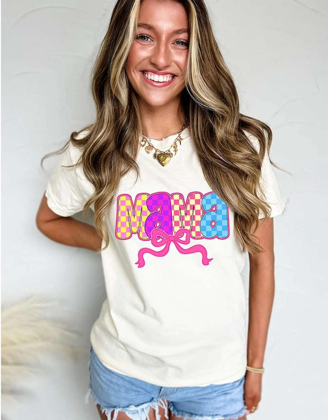 White MAMA Checkered Bow Knot Print Crewneck T Shirt, 8 of 7